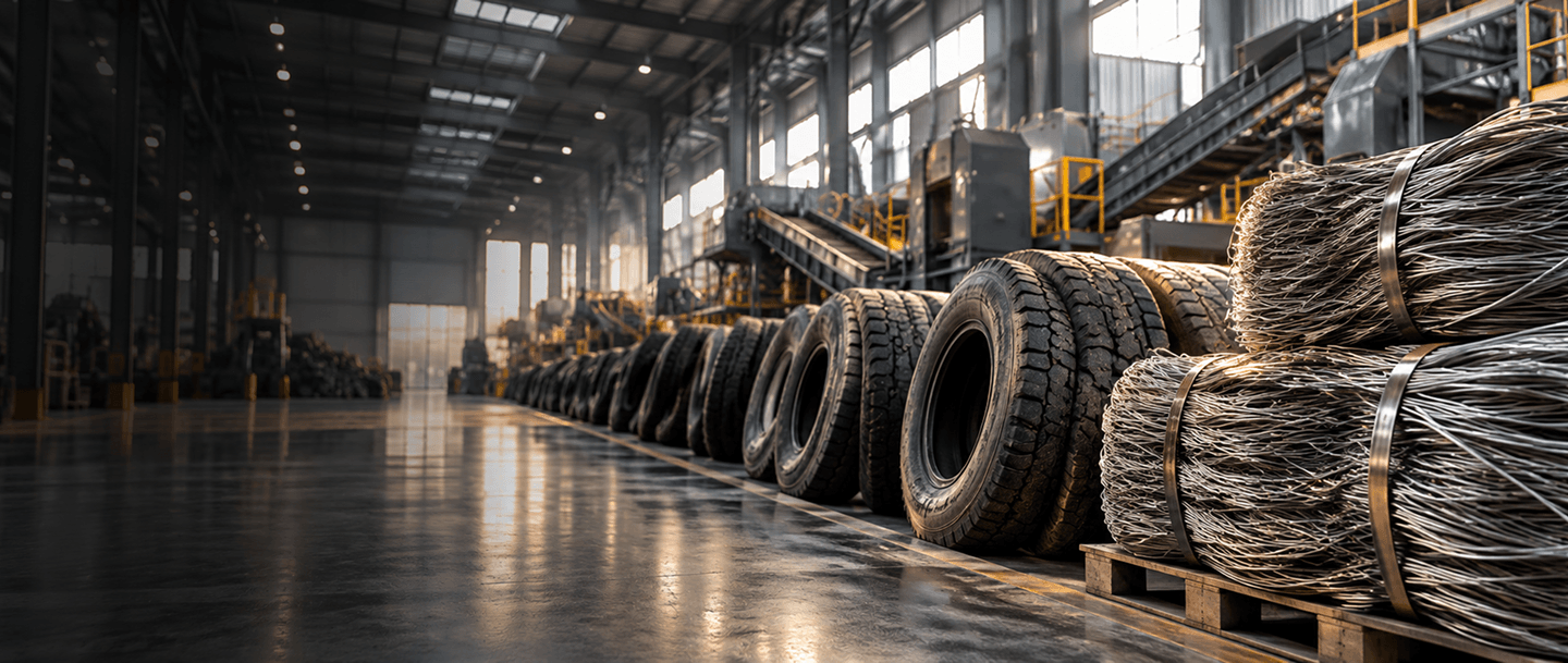 End-of-life tyres and recovered crumb rubber inside a recycling facility